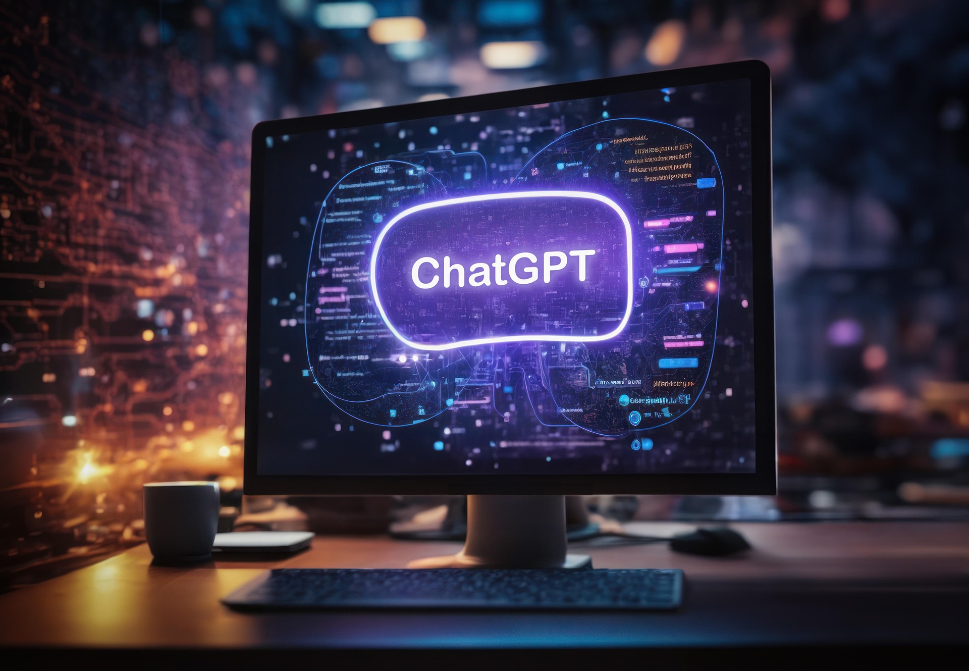 Graphic of computer screen with "Chat GPT" in big letters
